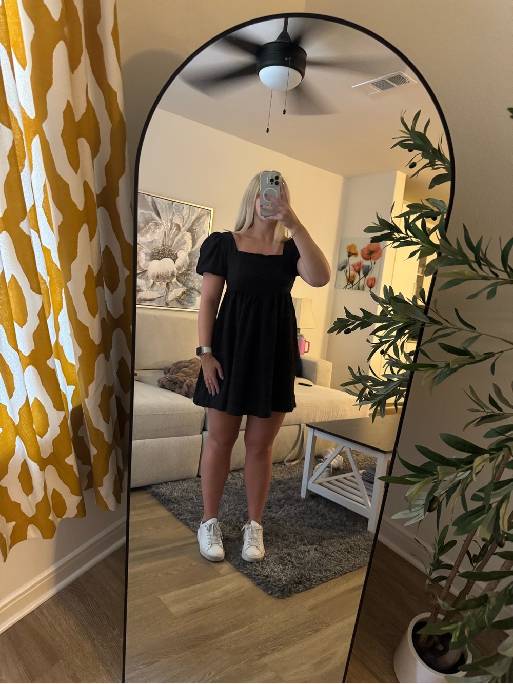 Black Puff Sleeve Square Neck Mini Dress - Picture 1 of 4